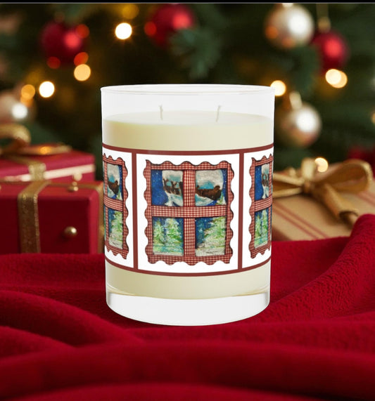 Santa's Sleigh Christmas 11oz soy candle with hand-painted watercolor art by Wing Light Art Designs