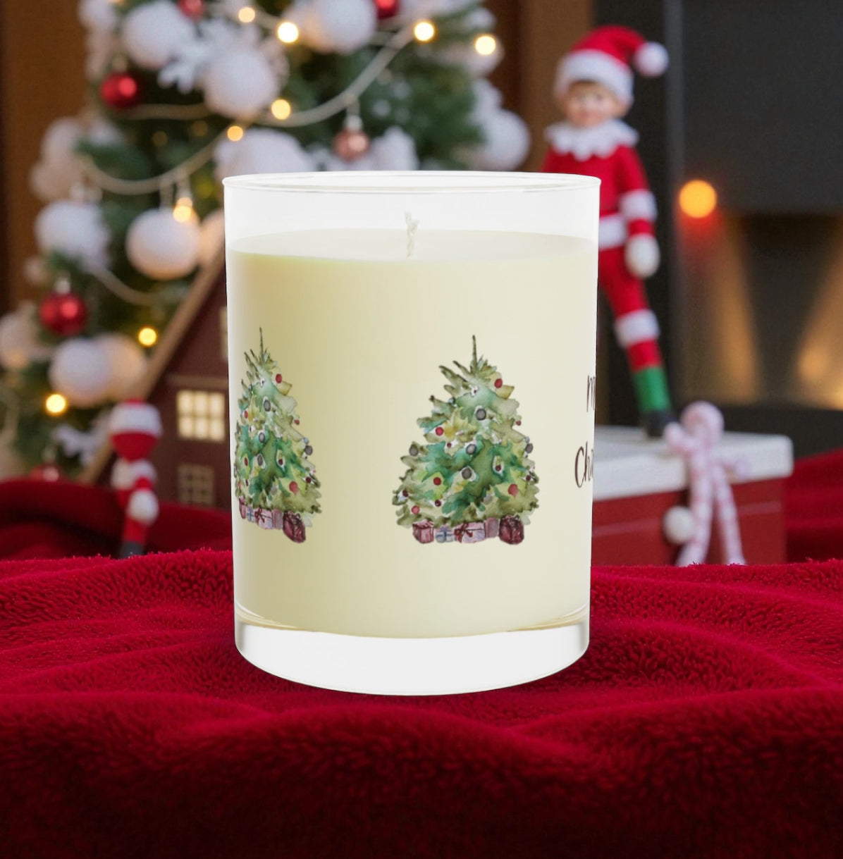 Green Christmas Tree 11oz soy candle with hand-painted watercolor art by Wing Light Art Designs