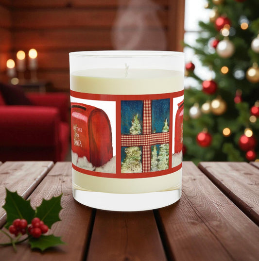 Letters to Santa Mailbox & Snowy Window, Red 11oz soy candle with hand-painted watercolor art by Wing Light Art Designs
