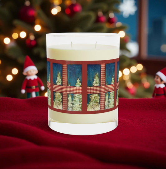 Wintery Window Snowy Night 11oz soy candle with hand-painted watercolor art by Wing Light Art Designs