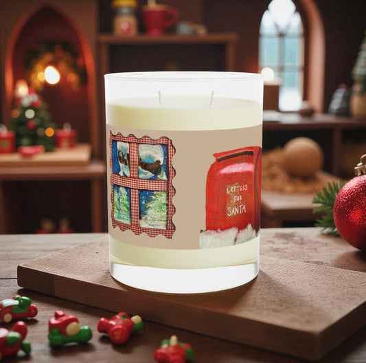 Letters to Santa Mailbox & Snowy Window, Cream 11oz soy candle with hand-painted watercolor art by Wing Light Art Designs