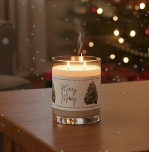 Modern Farmhouse Christmas Candle | 11oz Glass Jar | "Merry Merry" Watercolor Tree Design)