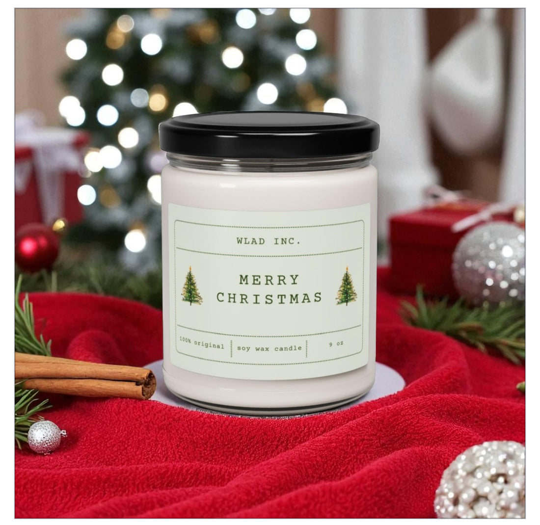 Merry and Bright Christmas candle by Wing Light Art Designs beside a decorated Christmas tree