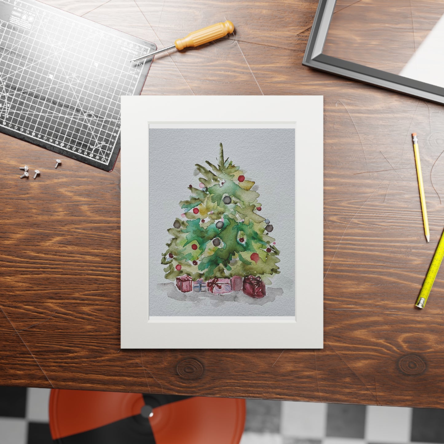 Happy Holidays | Christmas Art Print | Holiday Décor Christmas Tree Fine Art Prints (Passepartout Paper Frame)