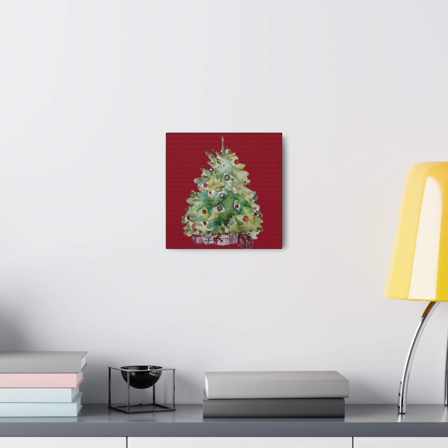 Christmas Tree Gallery Print, Watercolor Print, Watercolor Christmas Print, Holiday Decor, Christmas Gift, Gift Idea, Watercolor Painting Christmas Tree on Red Canvas Gallery Wraps