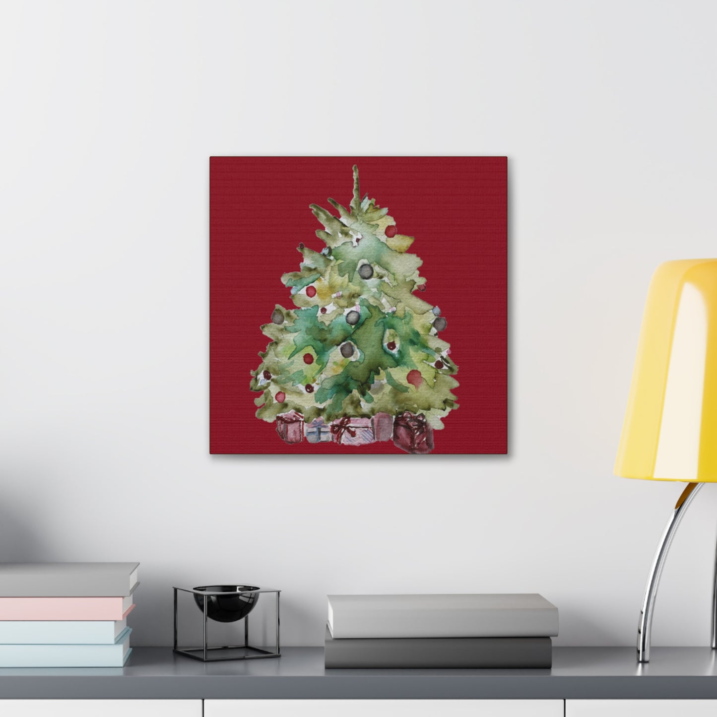 Christmas Tree Gallery Print, Watercolor Print, Watercolor Christmas Print, Holiday Decor, Christmas Gift, Gift Idea, Watercolor Painting Christmas Tree on Red Canvas Gallery Wraps