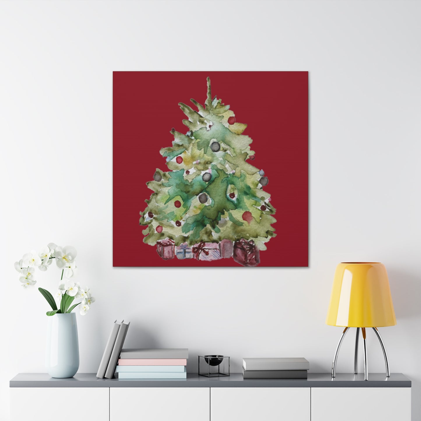 Christmas Tree Gallery Print, Watercolor Print, Watercolor Christmas Print, Holiday Decor, Christmas Gift, Gift Idea, Watercolor Painting Christmas Tree on Red Canvas Gallery Wraps