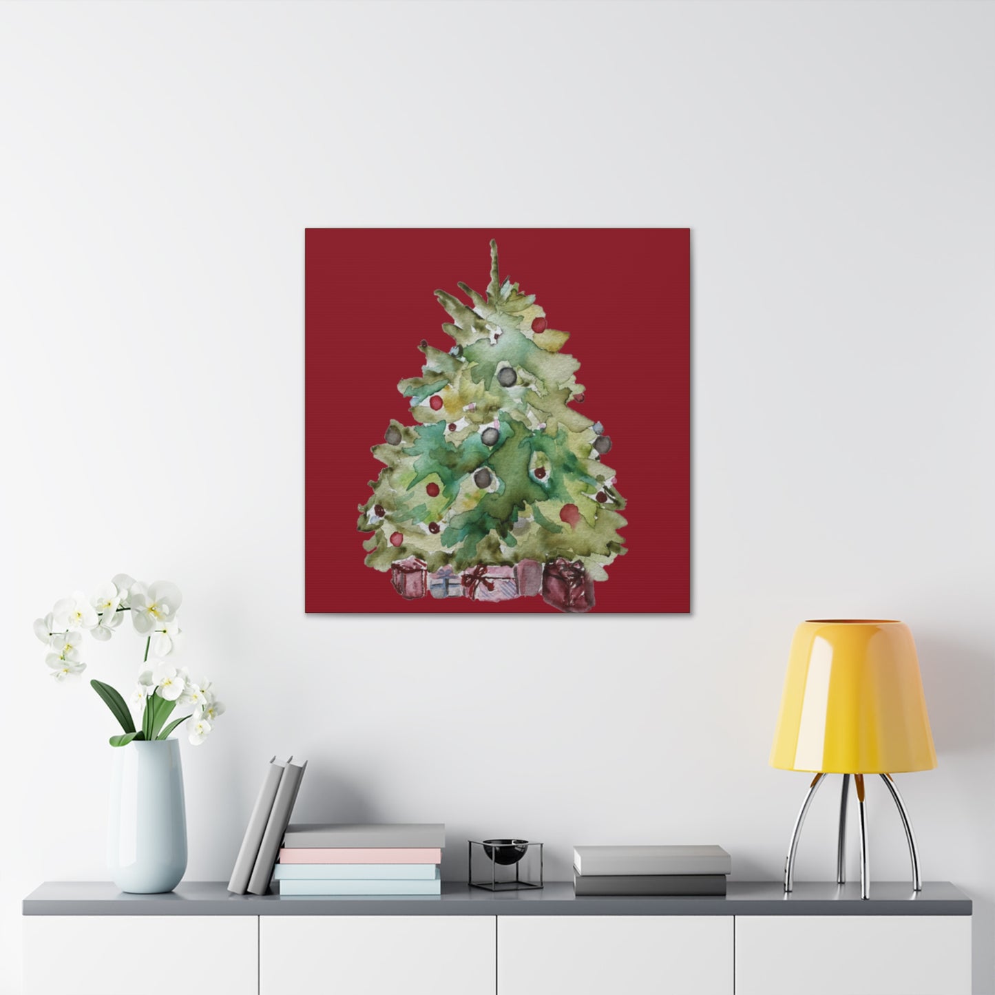 Christmas Tree Gallery Print, Watercolor Print, Watercolor Christmas Print, Holiday Decor, Christmas Gift, Gift Idea, Watercolor Painting Christmas Tree on Red Canvas Gallery Wraps