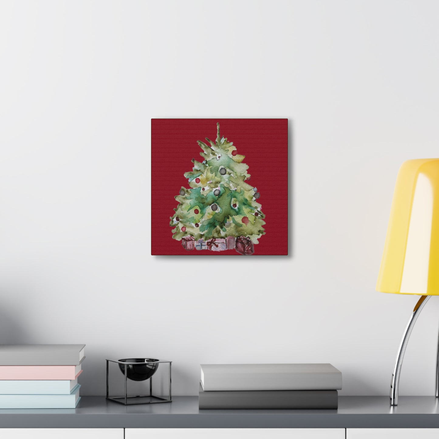 Christmas Tree Gallery Print, Watercolor Print, Watercolor Christmas Print, Holiday Decor, Christmas Gift, Gift Idea, Watercolor Painting Christmas Tree on Red Canvas Gallery Wraps