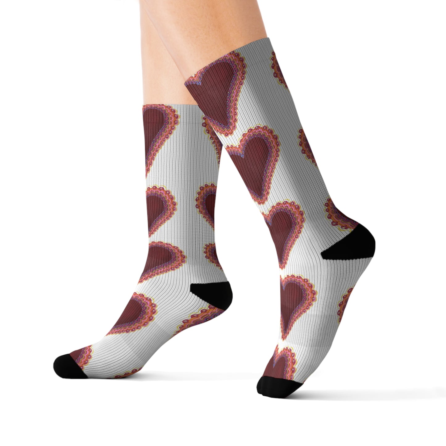 Funny Socks Women & Men • Heart Socks • Heart Socks • White Socks • Crew Socks with Motif Frilly Heart Sublimation Socks