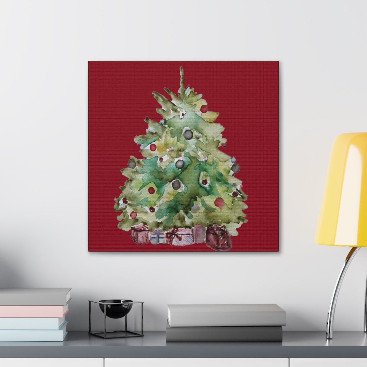 Christmas Tree Gallery Print, Watercolor Print, Watercolor Christmas Print, Holiday Decor, Christmas Gift, Gift Idea, Watercolor Painting Christmas Tree on Red Canvas Gallery Wraps