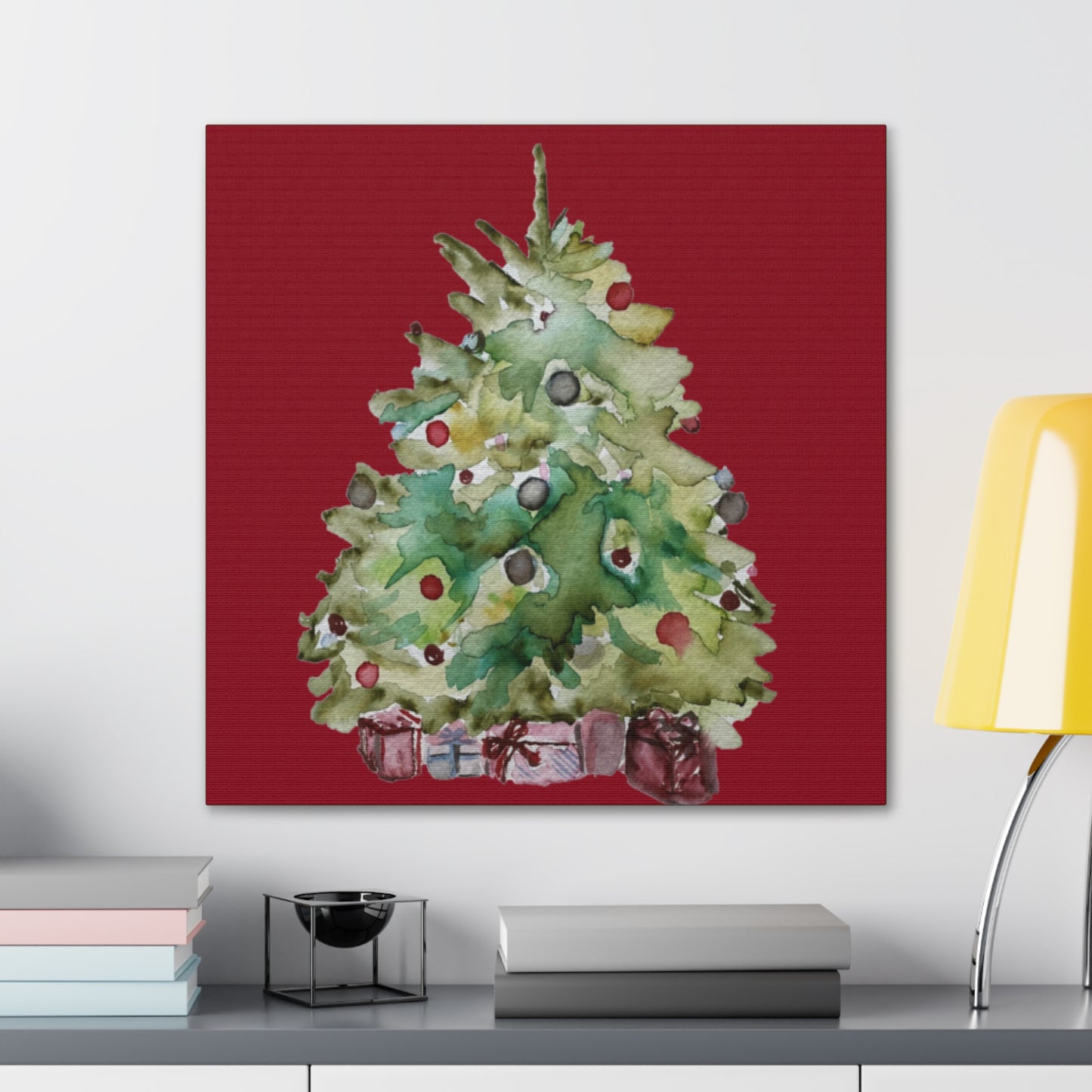 Christmas Tree Gallery Print, Watercolor Print, Watercolor Christmas Print, Holiday Decor, Christmas Gift, Gift Idea, Watercolor Painting Christmas Tree on Red Canvas Gallery Wraps