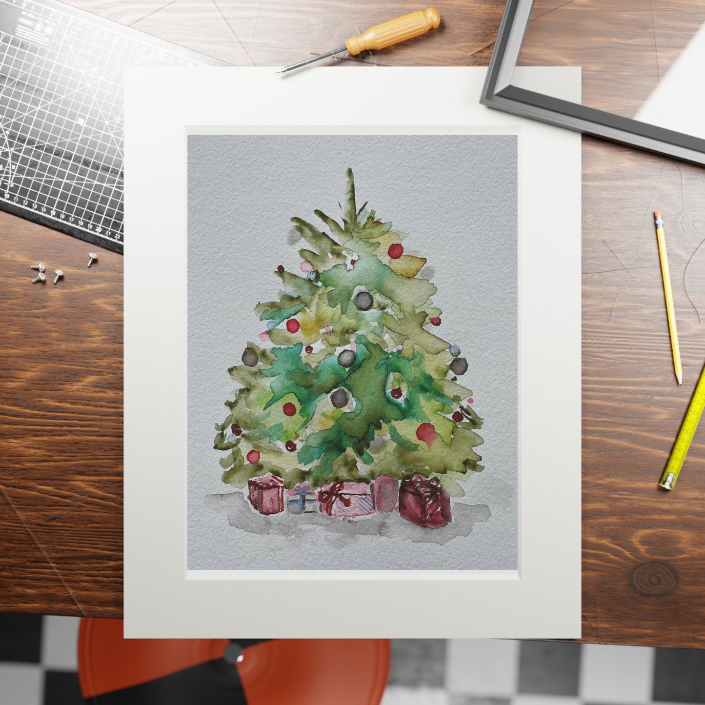 Happy Holidays | Christmas Art Print | Holiday Décor Christmas Tree Fine Art Prints (Passepartout Paper Frame)