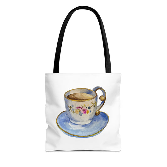 Tea Tote Bag, Bookish Lover Gift, Cute Flowery Tote Bag, Canvas Bag, Aesthetic Bag, Tea Lover Tote Bag Teacup Tote Bag (AOP)