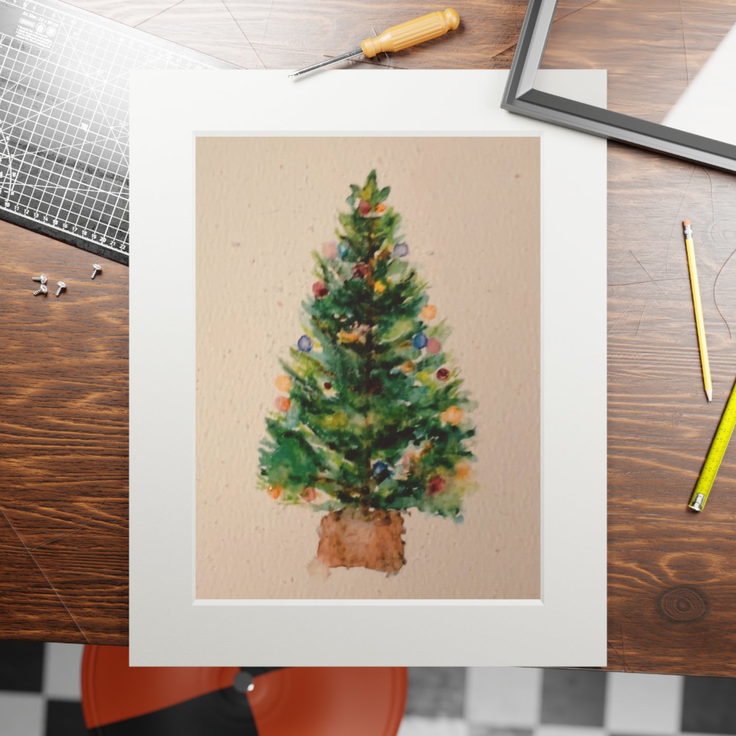 Happy Holidays | Christmas Art Print | Holiday Décor Antique Christmas Tree Fine Art Prints (Passepartout Paper Frame)