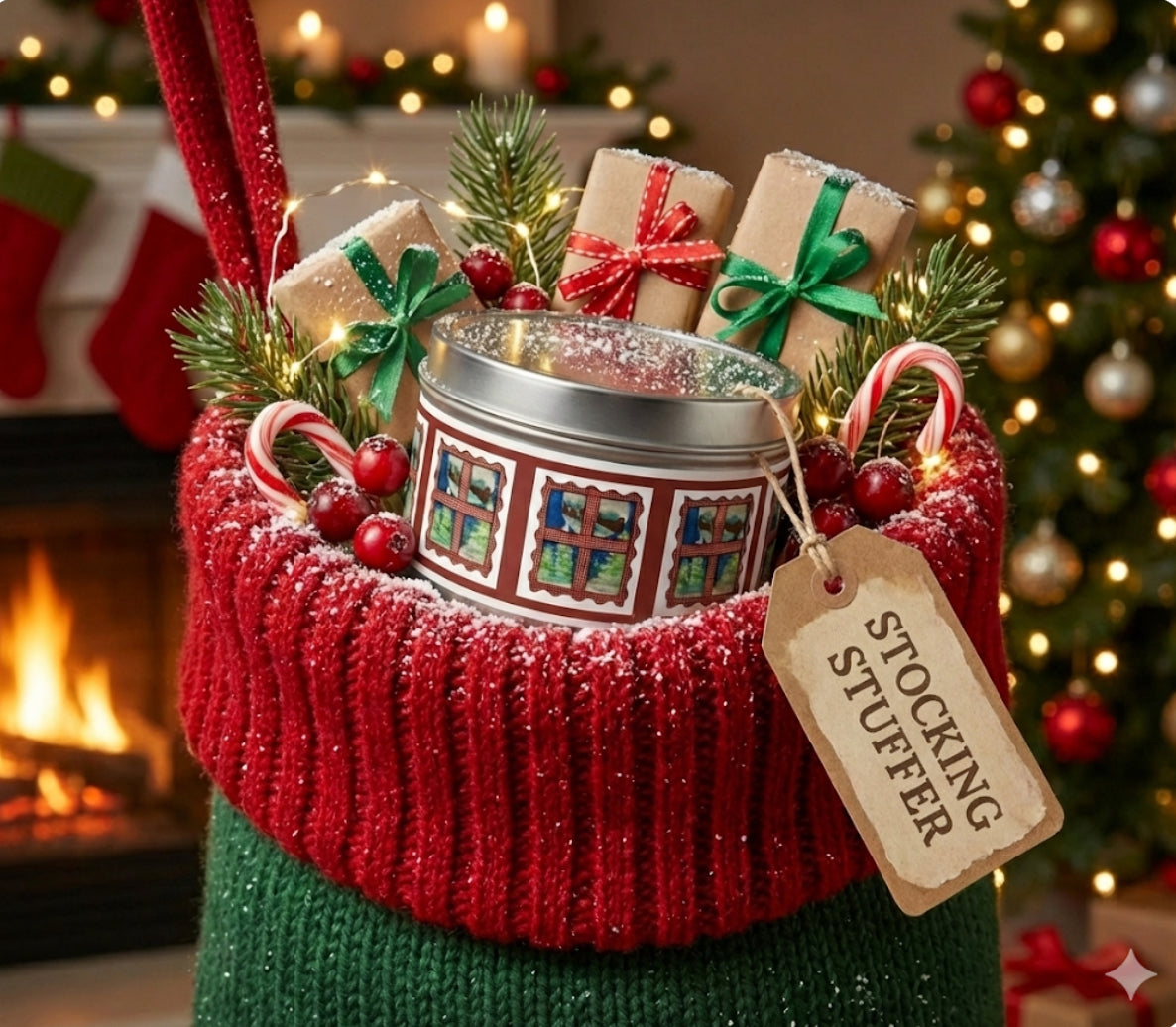 Santa’s Sleigh Christmas Tin Candle | Hand-Poured Coconut Soy Wax | Vintage Holiday Stocking Stuffer & Gift