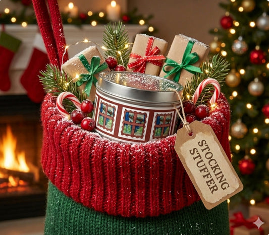 Santa’s Sleigh Christmas Tin Candle | Hand-Poured Coconut Soy Wax | Vintage Holiday Stocking Stuffer & Gift