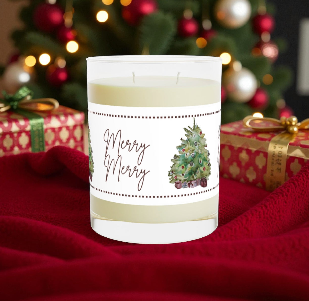 Modern Farmhouse Christmas Candle | 11oz Glass Jar | "Merry Merry" Watercolor Tree Design)