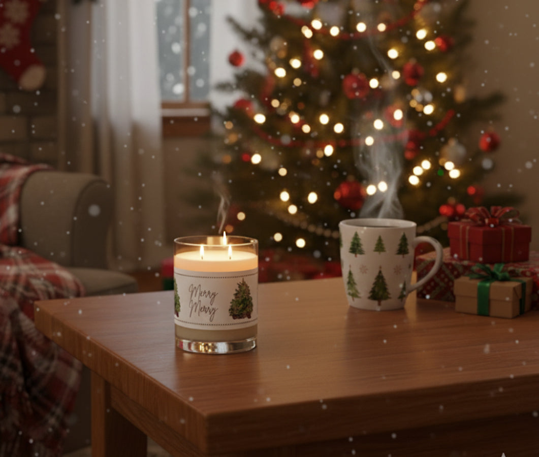 Modern Farmhouse Christmas Candle | 11oz Glass Jar | "Merry Merry" Watercolor Tree Design)