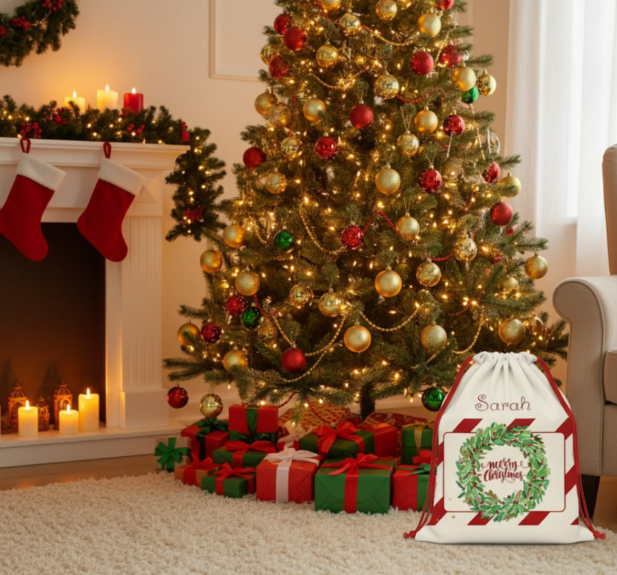 Custom Santa Sack, Holiday Gift Bag for Kids , Add your Name, Personalized Santa Sack, Christmas Tree Gift Bag, Noel Gift Wrap, Gift Bag