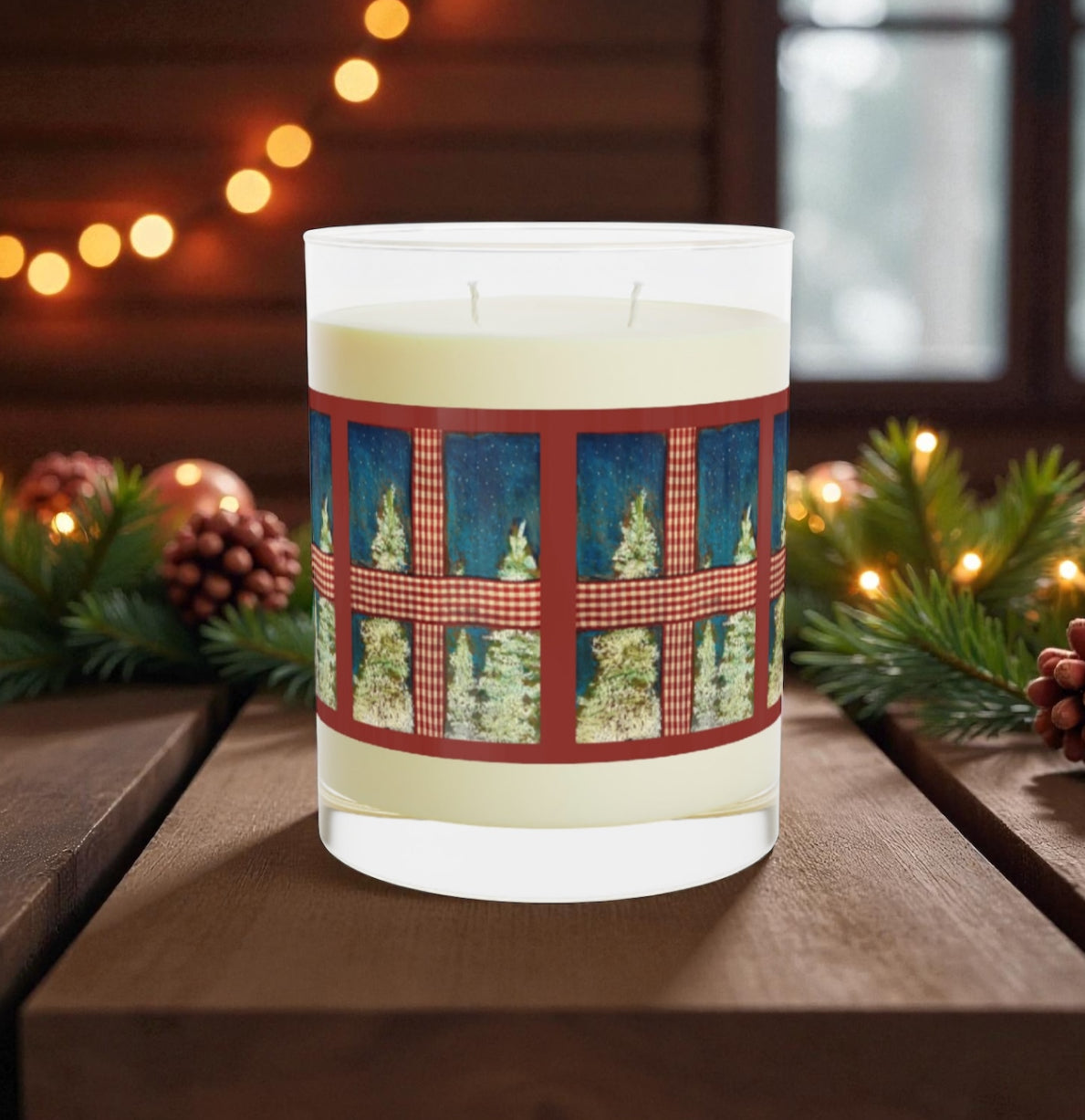 Snowy Winter Window Candle | 11oz Premium Soy Wax Jar | Rustic Farmhouse Gingham Holiday Decor