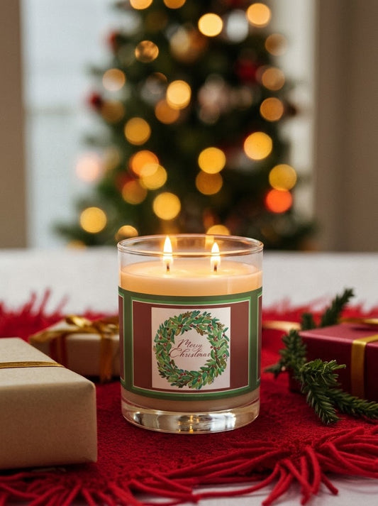 Merry Christmas Watercolor Wreath Candle, Red & Green – 11oz Soy